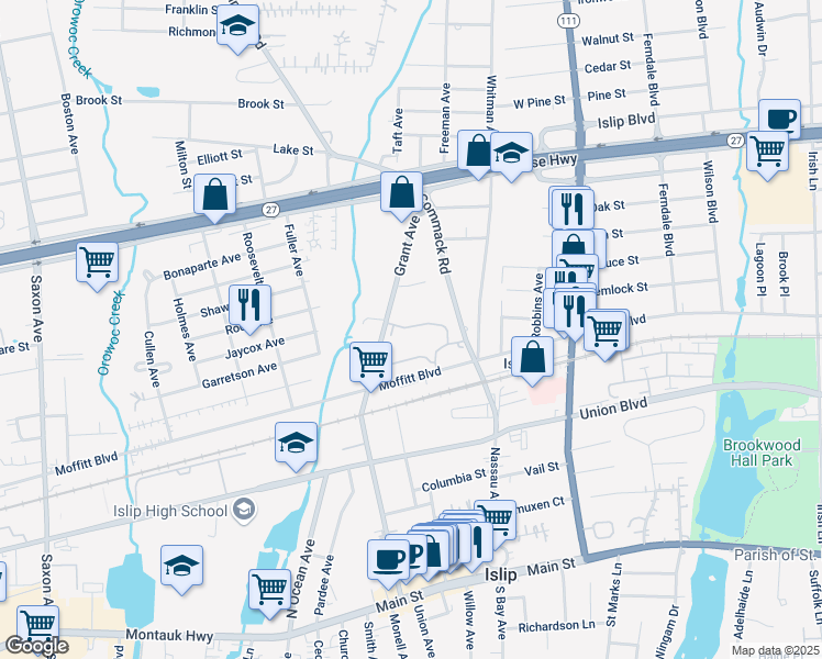 map of restaurants, bars, coffee shops, grocery stores, and more near 235 Grant Avenue in Islip
