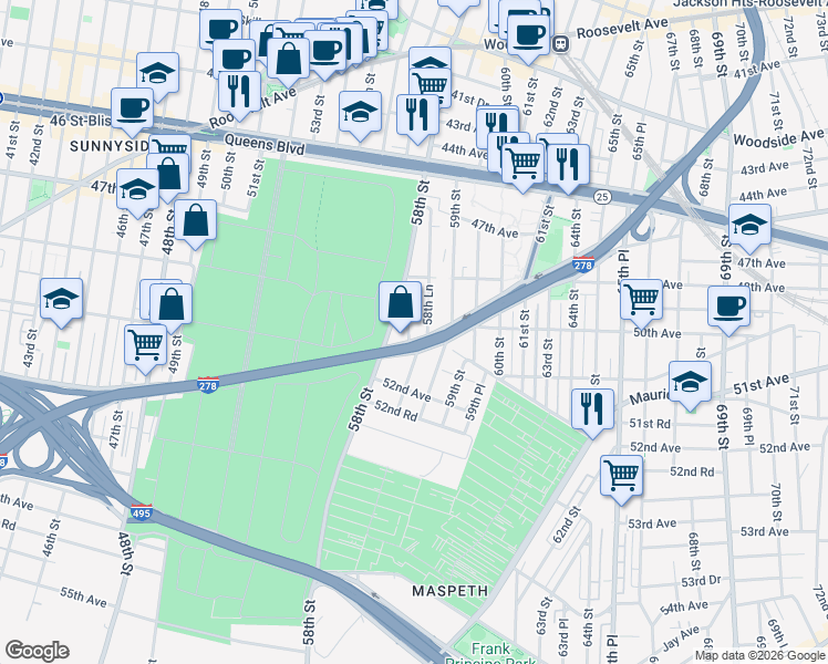 map of restaurants, bars, coffee shops, grocery stores, and more near 48-55 58th Place in Queens