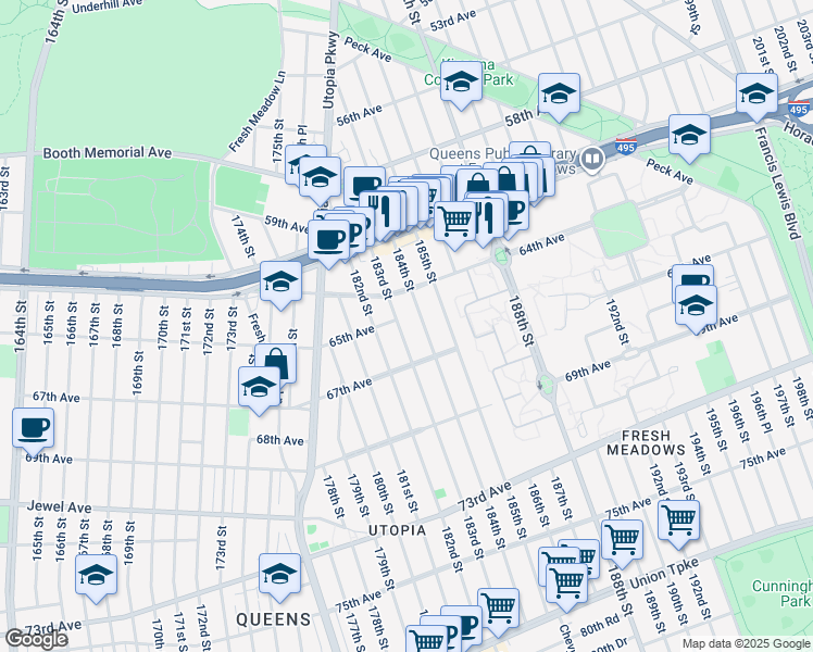 map of restaurants, bars, coffee shops, grocery stores, and more near 65-09 183rd Street in Queens