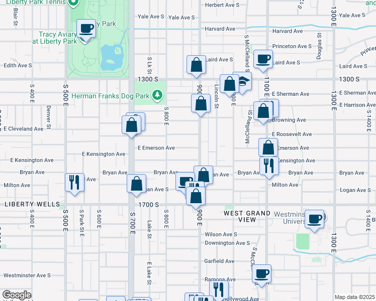 map of restaurants, bars, coffee shops, grocery stores, and more near 860 East Emerson Avenue in Salt Lake City