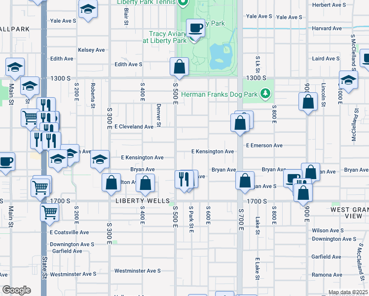 map of restaurants, bars, coffee shops, grocery stores, and more near 523 Kensington Avenue in Salt Lake City