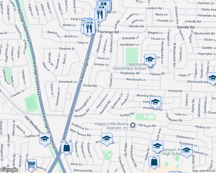 map of restaurants, bars, coffee shops, grocery stores, and more near 29 Pintail Lane in Levittown