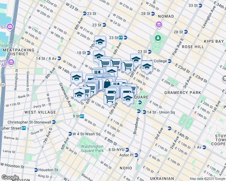 map of restaurants, bars, coffee shops, grocery stores, and more near 31 West 14th Street in New York