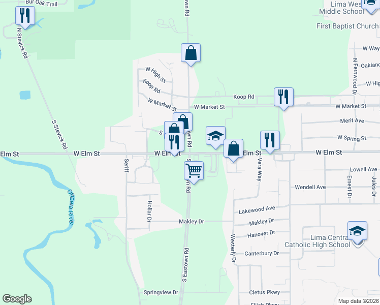 map of restaurants, bars, coffee shops, grocery stores, and more near 3314-3330 West Elm Street in Lima