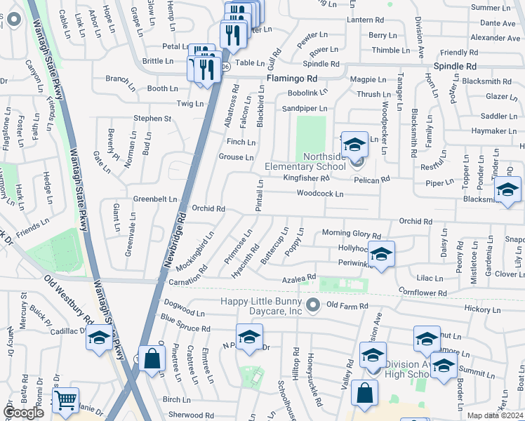 map of restaurants, bars, coffee shops, grocery stores, and more near 29 Pintail Lane in Levittown