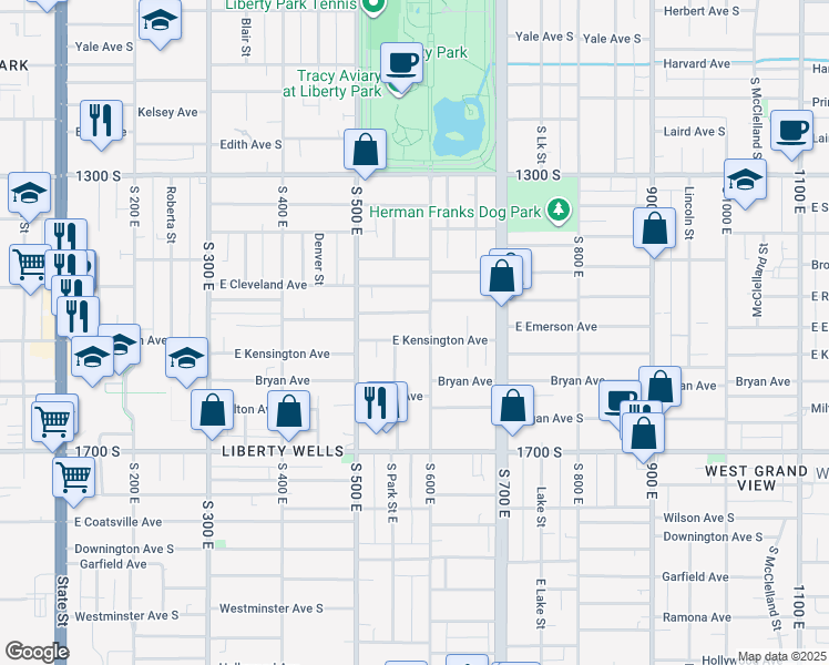 map of restaurants, bars, coffee shops, grocery stores, and more near 571 Kensington Avenue in Salt Lake City
