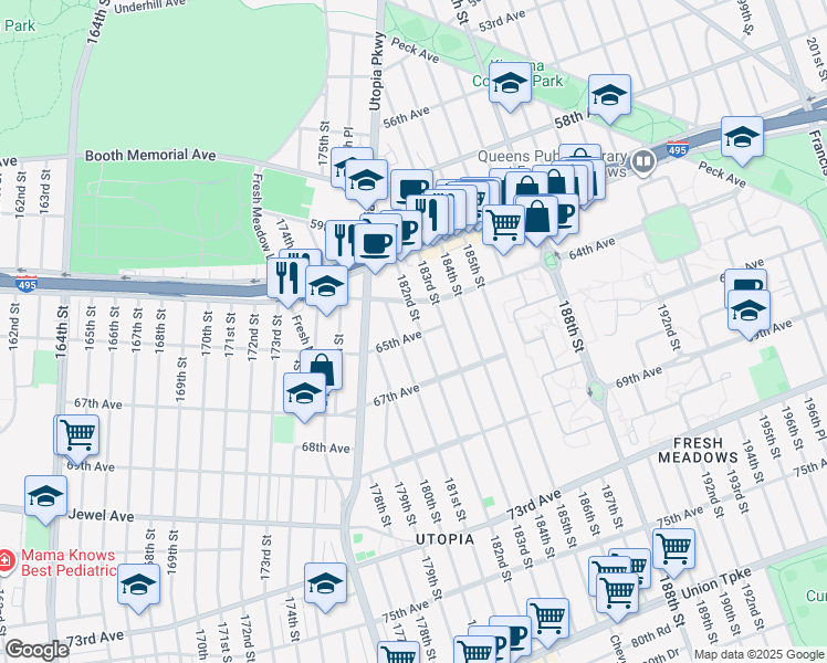map of restaurants, bars, coffee shops, grocery stores, and more near 64-30 182nd Street in Queens