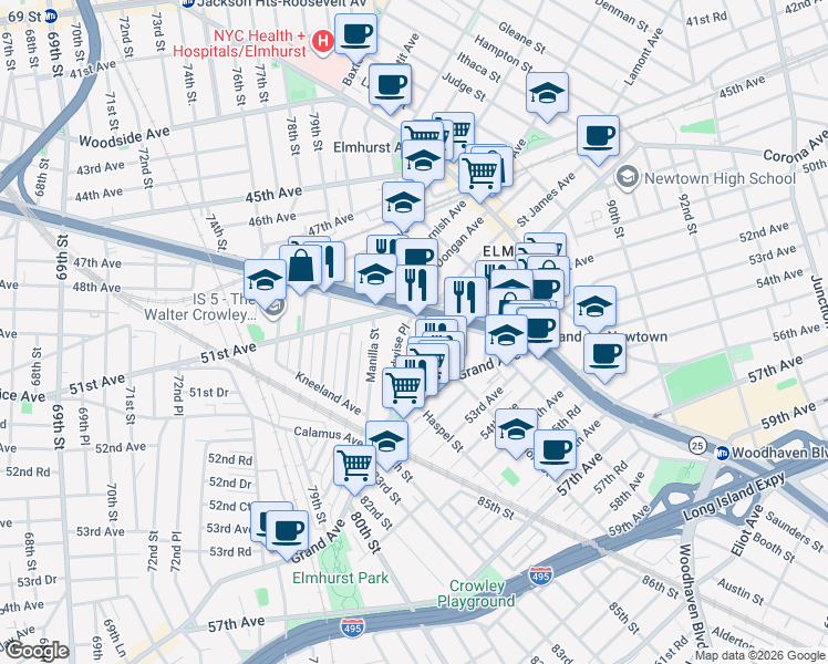 map of restaurants, bars, coffee shops, grocery stores, and more near 51-15 Van Kleeck Street in Queens