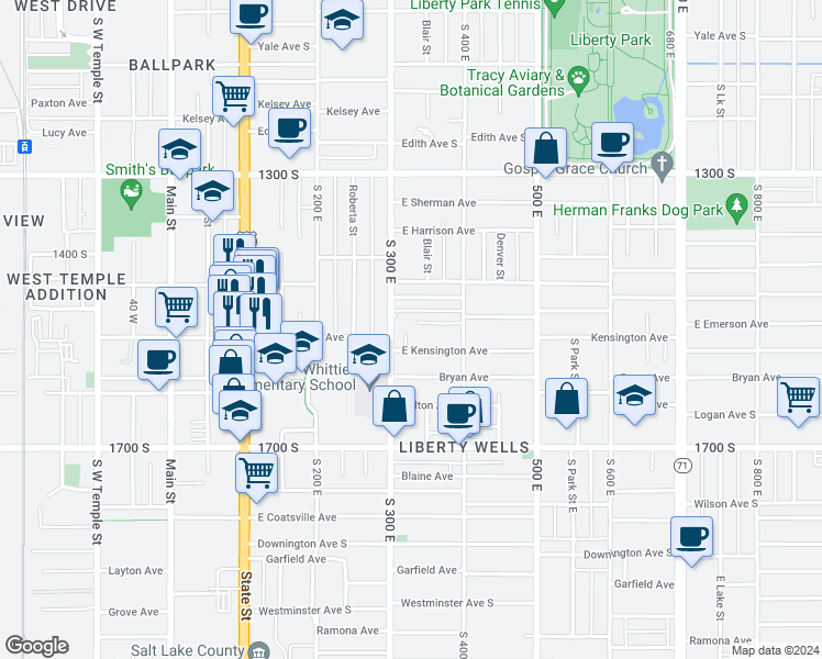 map of restaurants, bars, coffee shops, grocery stores, and more near 1490 South 400 East in South Salt Lake