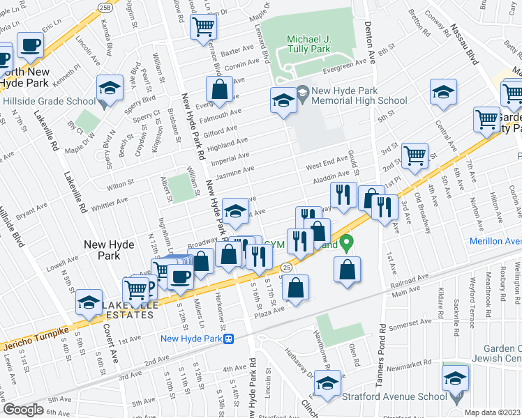 map of restaurants, bars, coffee shops, grocery stores, and more near 400 Terrace Blvd in New Hyde Park