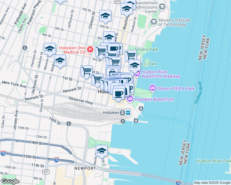 map of restaurants, bars, coffee shops, grocery stores, and more near 5 Marine View Plaza in Hoboken