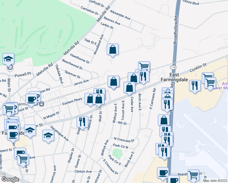 map of restaurants, bars, coffee shops, grocery stores, and more near 855 Conklin Street in Farmingdale