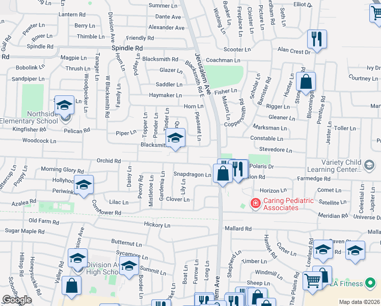 map of restaurants, bars, coffee shops, grocery stores, and more near 8 Laurel Lane in Levittown