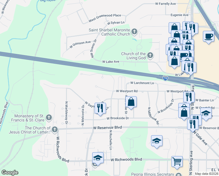 map of restaurants, bars, coffee shops, grocery stores, and more near 3223 West Westport Road in Peoria