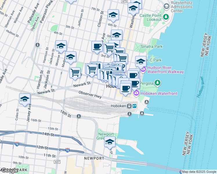map of restaurants, bars, coffee shops, grocery stores, and more near 163 Newark Street in Hoboken