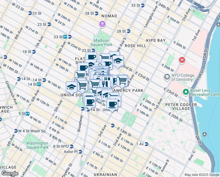 map of restaurants, bars, coffee shops, grocery stores, and more near 122 East 19th Street in New York