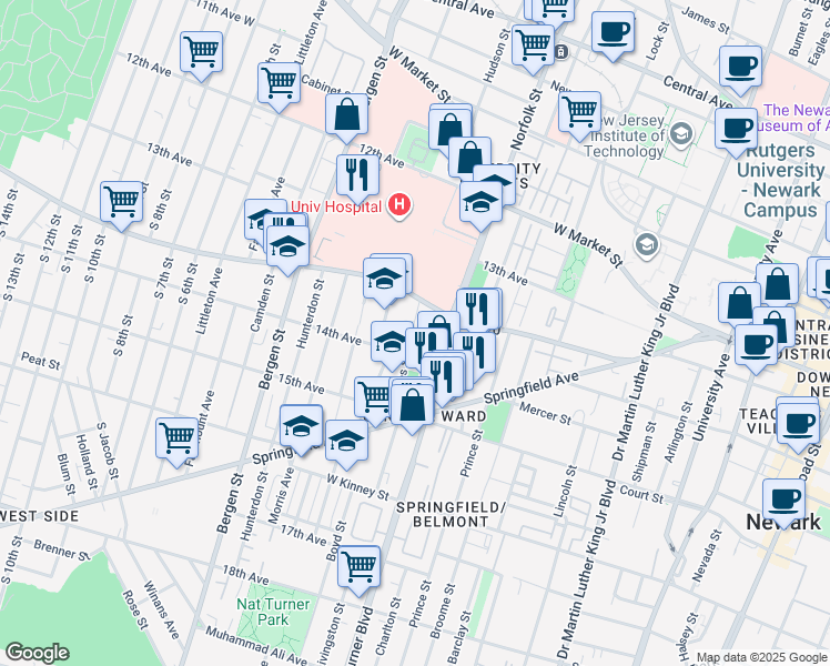 map of restaurants, bars, coffee shops, grocery stores, and more near 132 South Orange Avenue in Newark
