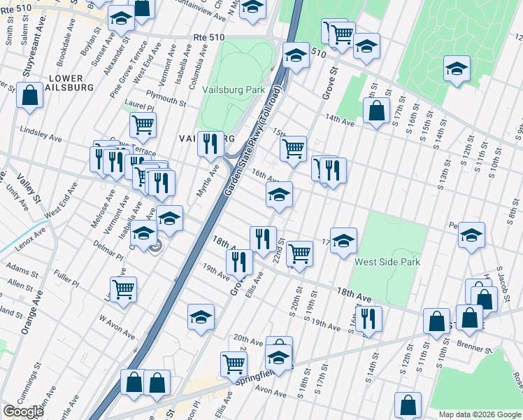map of restaurants, bars, coffee shops, grocery stores, and more near 18 Montrose Terrace in Irvington