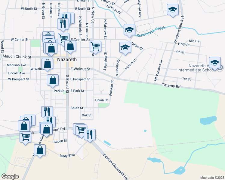 map of restaurants, bars, coffee shops, grocery stores, and more near 229 Franklin Street in Nazareth