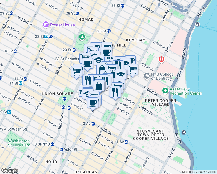 map of restaurants, bars, coffee shops, grocery stores, and more near 303 2nd Avenue in New York