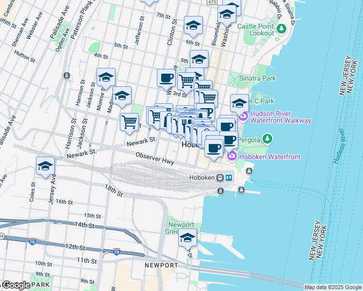 map of restaurants, bars, coffee shops, grocery stores, and more near 163 Newark Street in Hoboken