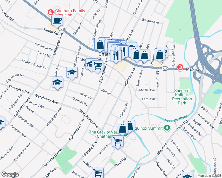 map of restaurants, bars, coffee shops, grocery stores, and more near 11 Red Road in Chatham