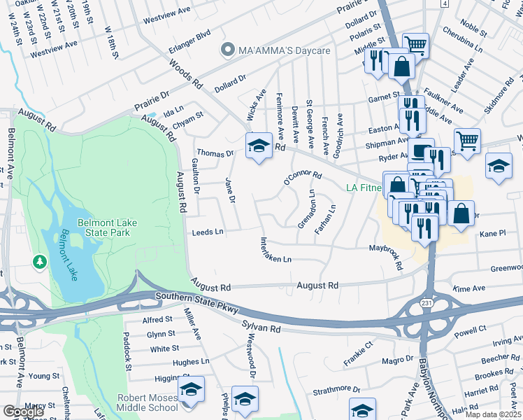 map of restaurants, bars, coffee shops, grocery stores, and more near 537 Narland Lane in North Babylon
