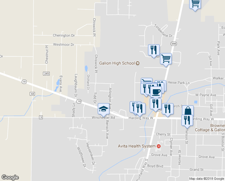 map of restaurants, bars, coffee shops, grocery stores, and more near 135 Arlington Avenue in Galion