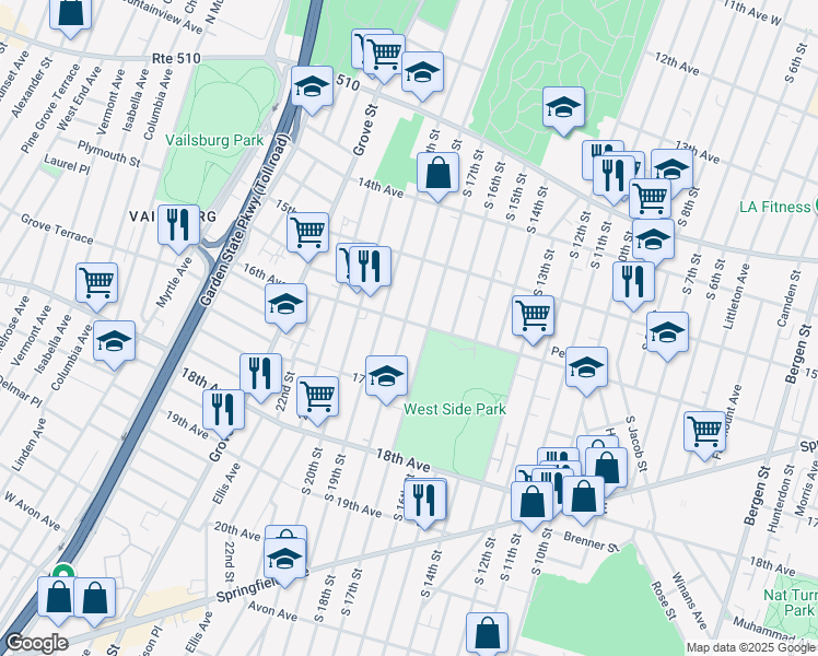 map of restaurants, bars, coffee shops, grocery stores, and more near 560 South 18th Street in Newark