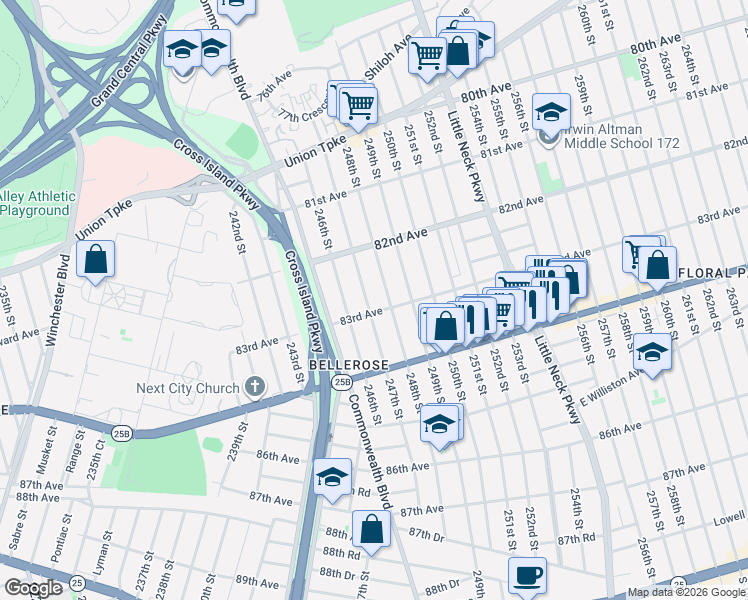 map of restaurants, bars, coffee shops, grocery stores, and more near 82-59 247th Street in Queens
