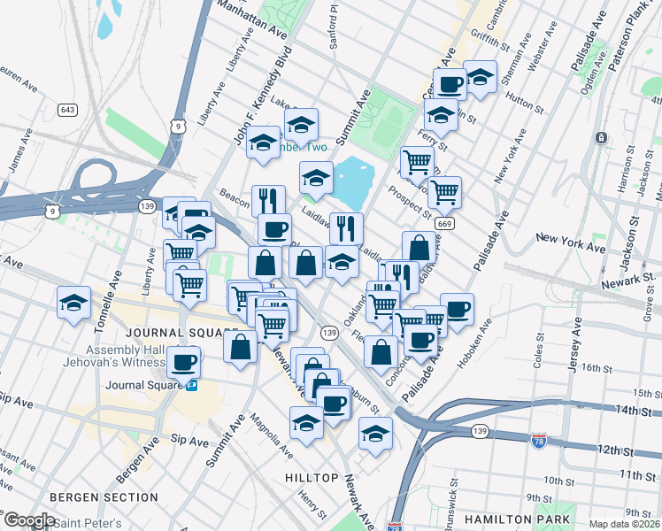 map of restaurants, bars, coffee shops, grocery stores, and more near 135 Hopkins Avenue in Jersey City