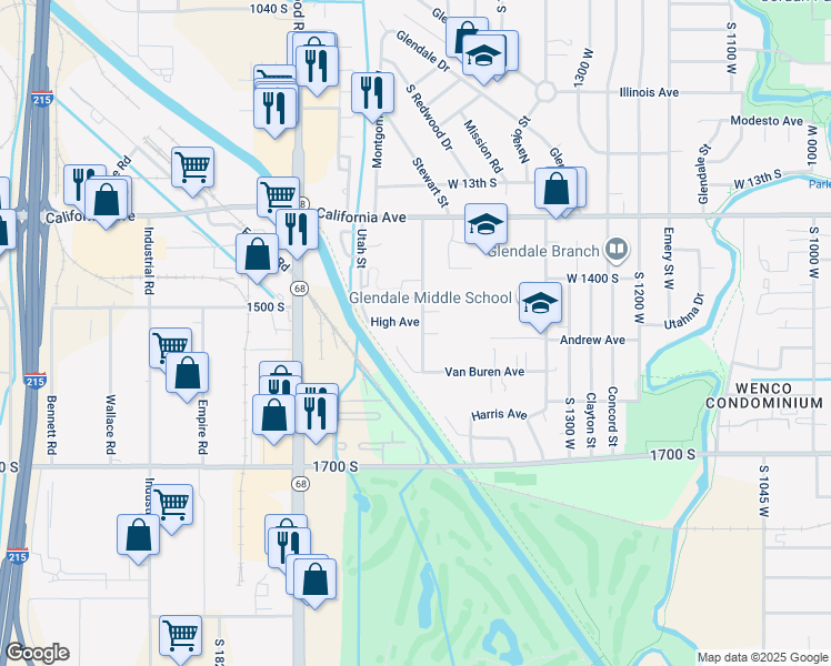 map of restaurants, bars, coffee shops, grocery stores, and more near 1472 South Cheyenne Street in Salt Lake City