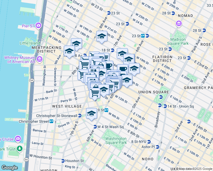 map of restaurants, bars, coffee shops, grocery stores, and more near 128 West 13th Street in New York