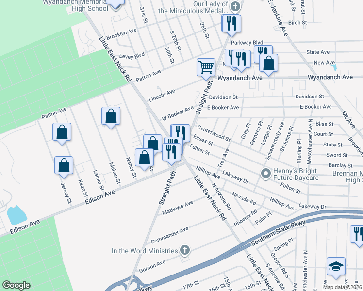 map of restaurants, bars, coffee shops, grocery stores, and more near 1264 Straight Path in West Babylon