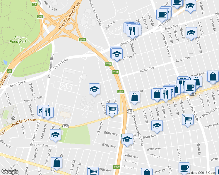 map of restaurants, bars, coffee shops, grocery stores, and more near 82-26 243rd Street in Queens