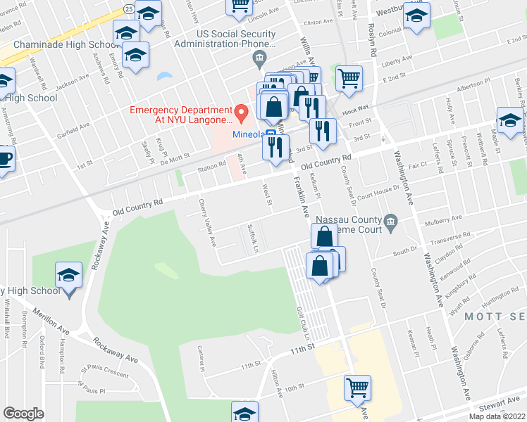 map of restaurants, bars, coffee shops, grocery stores, and more near 133 15th Street in Mineola