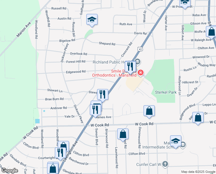 map of restaurants, bars, coffee shops, grocery stores, and more near 710 Lexington Avenue in Mansfield