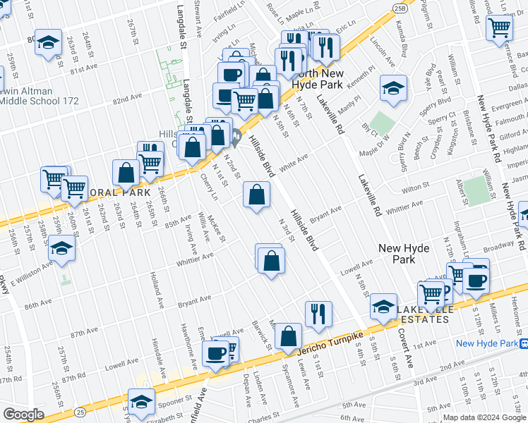 map of restaurants, bars, coffee shops, grocery stores, and more near 934 North 2nd Street in New Hyde Park