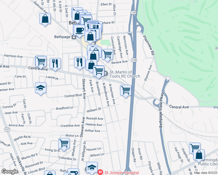 map of restaurants, bars, coffee shops, grocery stores, and more near 185 North Herman Avenue in Bethpage