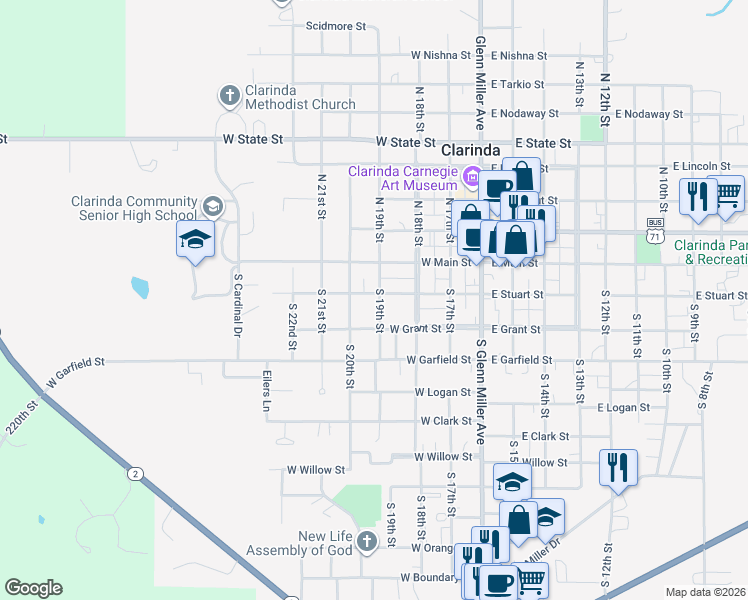map of restaurants, bars, coffee shops, grocery stores, and more near 400 West Stuart Street in Clarinda