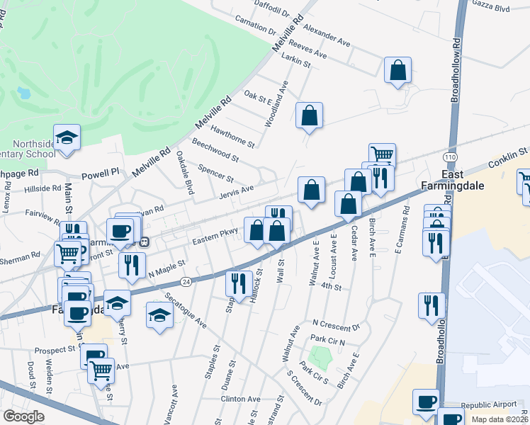 map of restaurants, bars, coffee shops, grocery stores, and more near 441 Eastern Parkway in Farmingdale