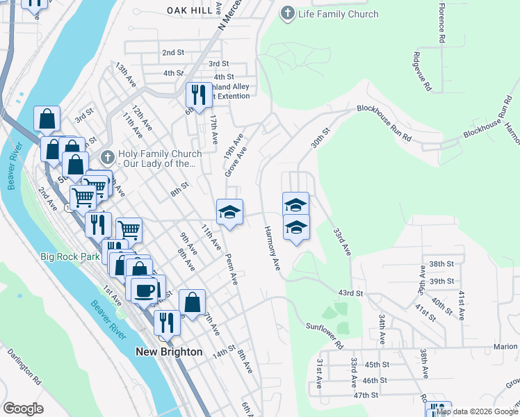 map of restaurants, bars, coffee shops, grocery stores, and more near 1319 Allegheny Street in New Brighton