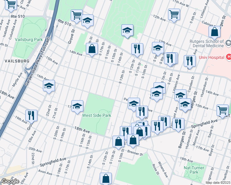 map of restaurants, bars, coffee shops, grocery stores, and more near 493 South 13th Street in Newark