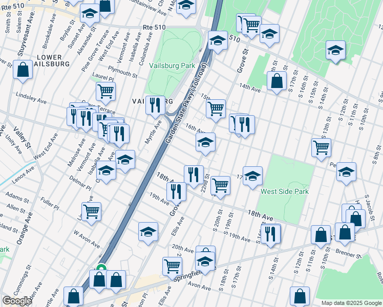 map of restaurants, bars, coffee shops, grocery stores, and more near 18 Montrose Terrace in Irvington