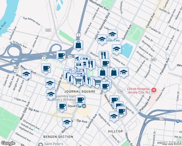 map of restaurants, bars, coffee shops, grocery stores, and more near 225 Saint Pauls Avenue in Jersey City