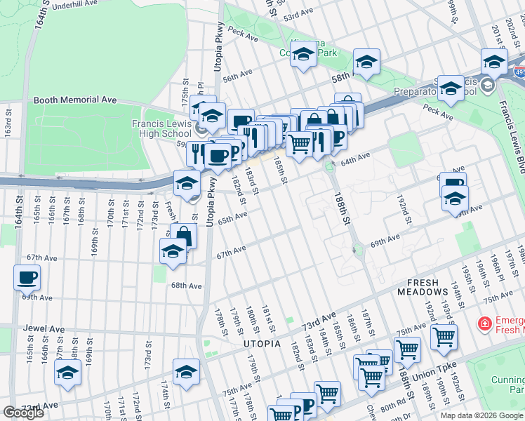 map of restaurants, bars, coffee shops, grocery stores, and more near 65-09 183rd Street in Queens
