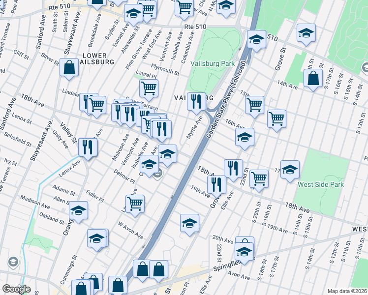 map of restaurants, bars, coffee shops, grocery stores, and more near 337 Myrtle Avenue in Irvington