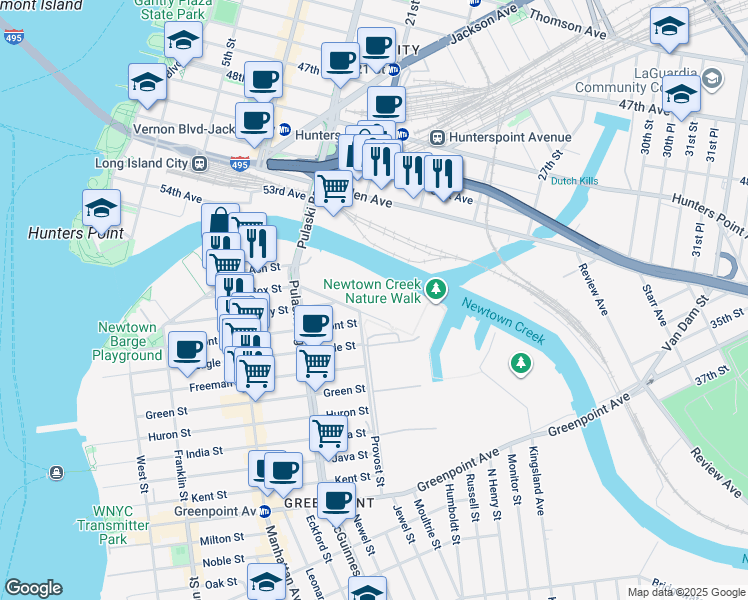 map of restaurants, bars, coffee shops, grocery stores, and more near 59 Paidge Avenue in Brooklyn
