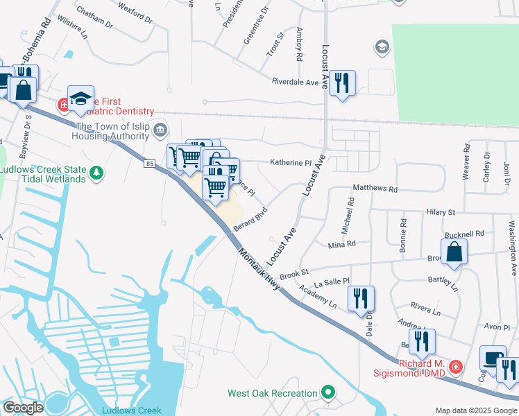 map of restaurants, bars, coffee shops, grocery stores, and more near 16 Berard Boulevard in Oakdale