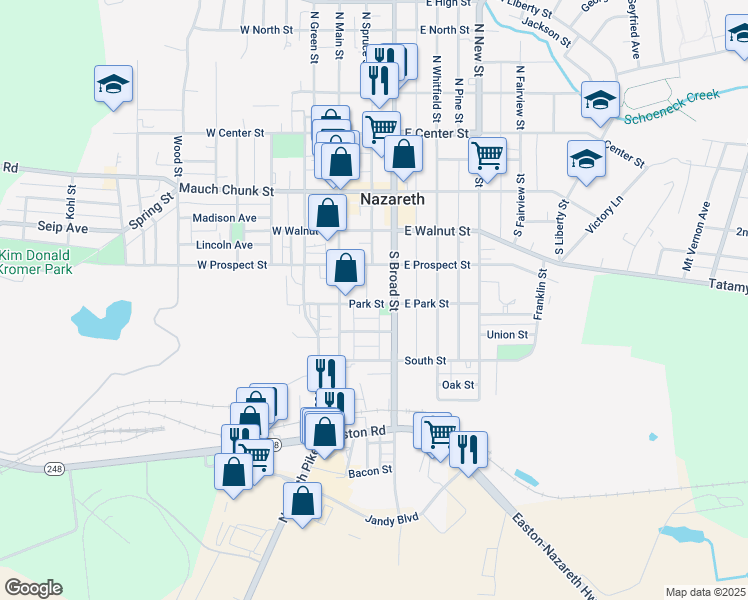 map of restaurants, bars, coffee shops, grocery stores, and more near 41 Park Street in Nazareth